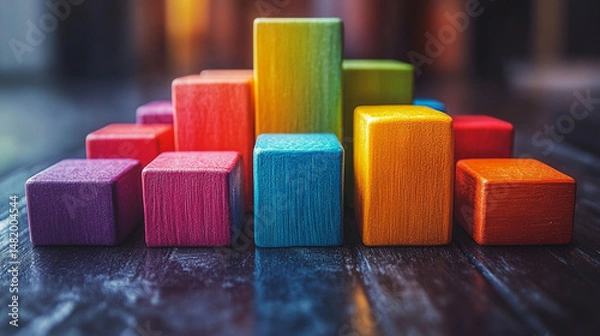 Fototapeta Colorful wooden blocks arranged in a pyramid shape on a dark wooden surface.