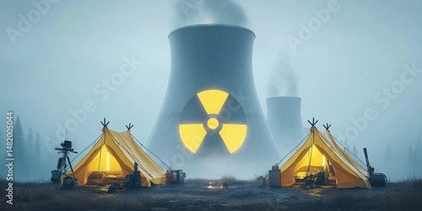 Obraz Radiation suits emergency concept. Nuclear cooling towers near campsite in misty landscape.