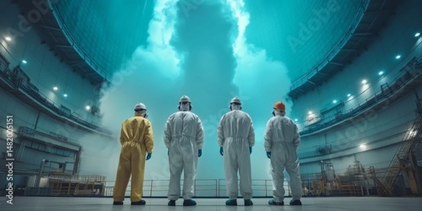 Obraz Radiation suits emergency concept. Scientists in protective gear observing a large reactor chamber