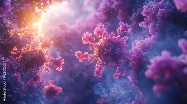 Fototapeta Abstract close-up view of vibrant, clustered,  glowing,  3D virus particles in a vibrant color palette with a light source illuminating the center.
