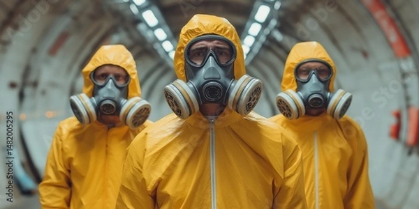 Obraz Radiation suits emergency concept. Three individuals in protective gear underground.