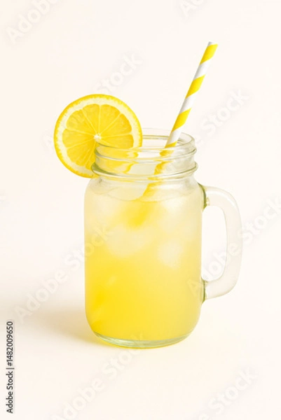 Obraz Glass mason jar of lemonade with lemon slice and striped straw – summer drink on white background