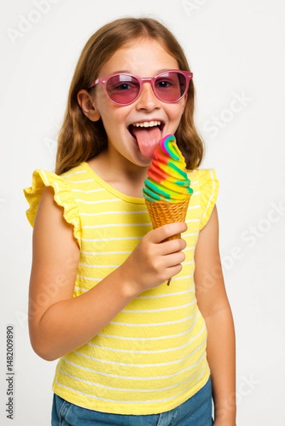 Obraz Smiling girl with rainbow ice cream – cheerful summer treat portrait on white background