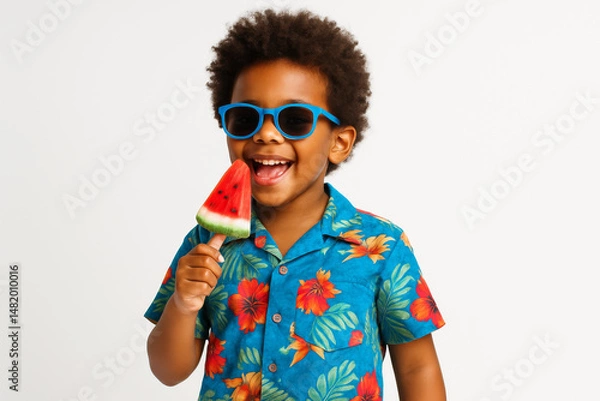 Obraz Smiling boy in summer shirt with watermelon popsicle – joyful vacation portrait on white background