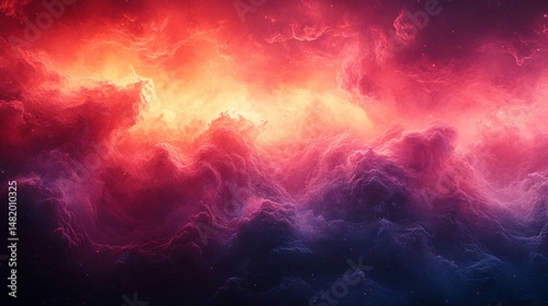 Fototapeta Fiery nebulae swirling in space, vibrant colors of deep red, orange, and purple clouds in cosmic vastness.