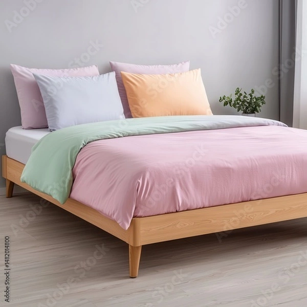 Fototapeta Soft Pastel Bedding Set on a Modern Bed with Natural Light