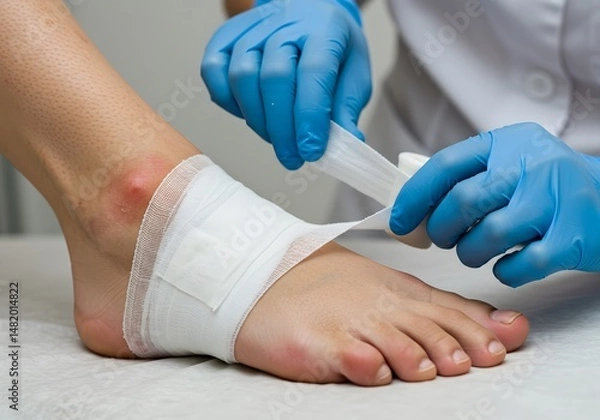 Fototapeta Ankle bandaging medical procedure