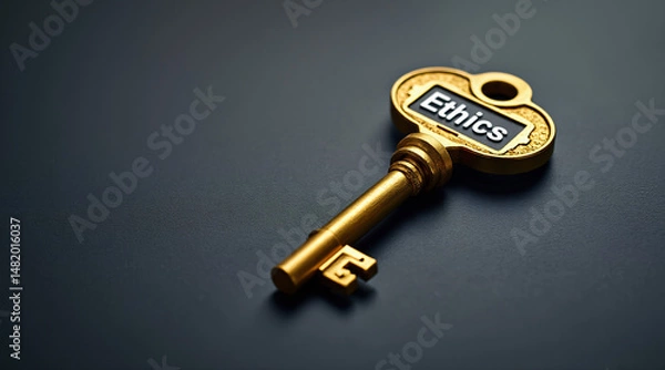 Fototapeta Golden Key with Ethics Label on Dark Surface Symbolizing Moral Values and Integrity