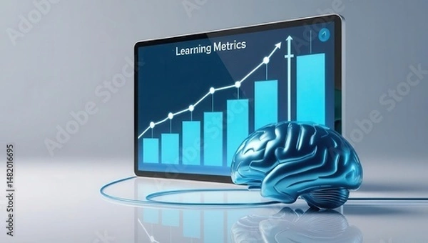 Obraz AI learning tools virtual classroom concept. A digital brain is connected to a tablet showing a rising bar chart titled "Learning Metrics," symbolizing data-driven learning and AI.