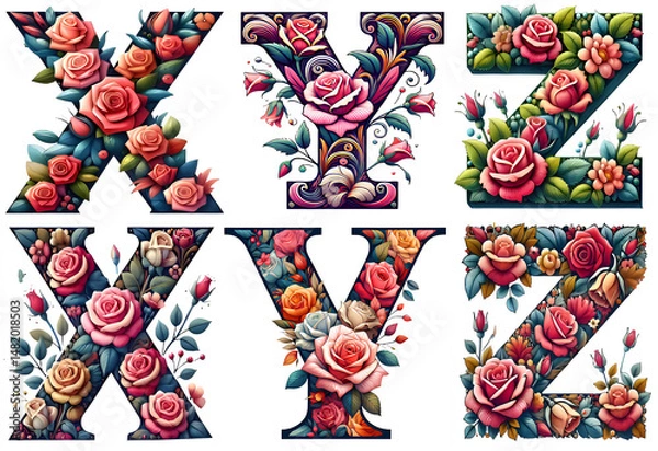 Fototapeta Beautifully designed letter X. Y. Z with colorful patterns and modern floral decorations on a white background.  The letter  X. Y. Z  is part of the A-Z alphabet set. X. Y. Z.3