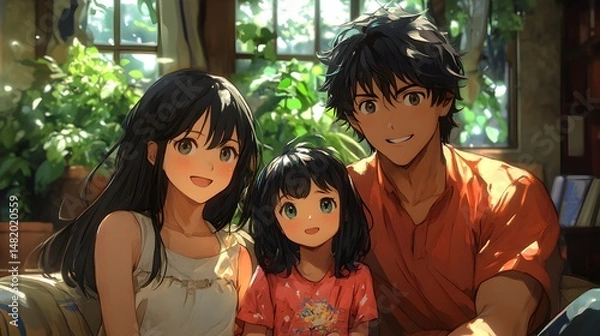 Fototapeta A happy anime family of three poses for a heartwarming portrait in their cozy home filled with sunlight.
