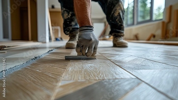 Obraz A home redesign concept with a worker laying parquet flooring in the interior.