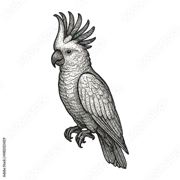 Obraz 3d Detailed vintage engraving style illustration of a cockatoo parrot. Black and white exotic bird drawing isolated on white background. Vector pattern.