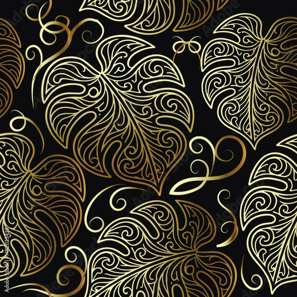 Obraz Gold luxury line art vector seamless pattern of ornamental monstera leaves and swirls on black background, elegant luxury botanical tropical design. Endless texture. For wallpaper, fabric, prints.