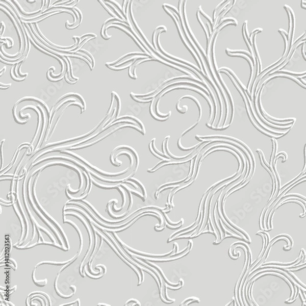 Obraz 3d seamless embossed line art abstract trees, branches, leaves pattern with ornamental swirls on a gray background. Elegant textured surface ideal for fabric, wallpaper and decorative design. Vector.