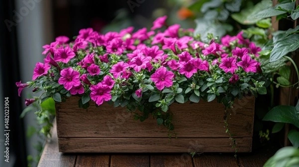 Fototapeta Vibrant magenta flowers in a wooden planter