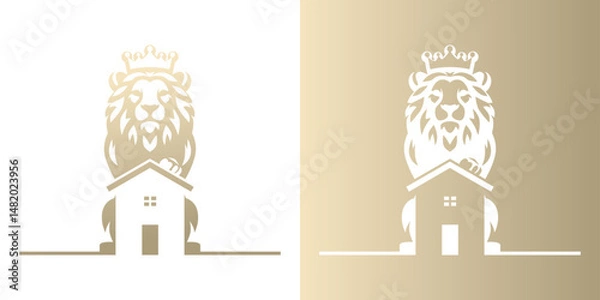 Fototapeta Frontal lion logo with house in negative space. Powerful real estate symbol with paw on roof.