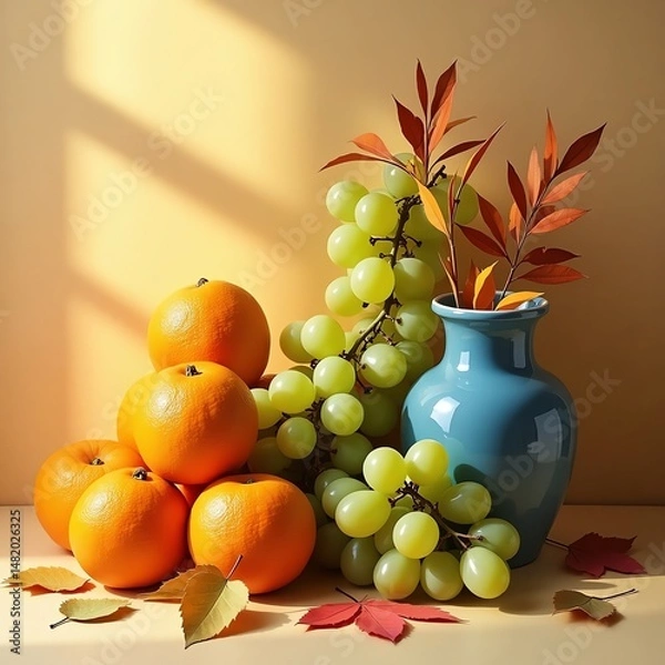 Fototapeta Oranges grapes and leaves in blue vase
