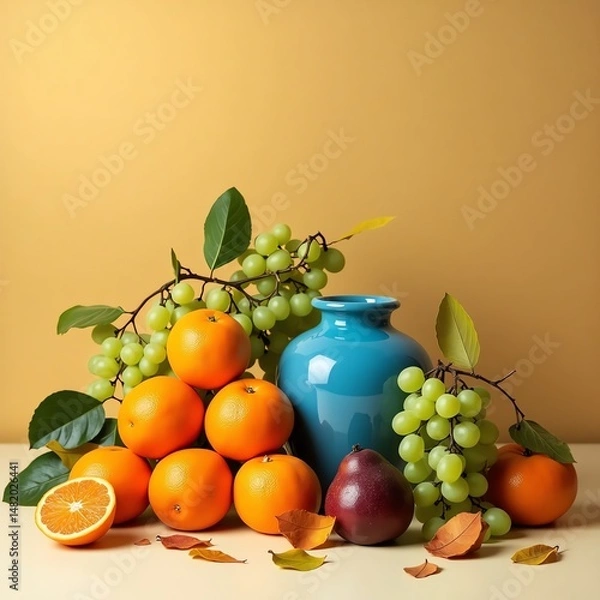 Fototapeta Oranges, grapes, vase, pear still life composition
