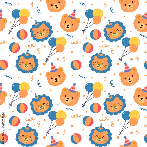 Fototapeta Seamless Pattern with Cartoon Animals and Party Elements