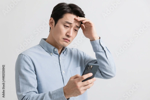 Obraz 스마트폰을 보고 걱정하는 남성