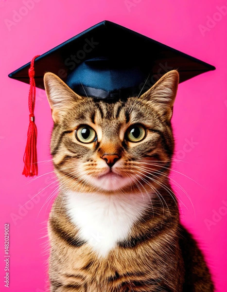 Fototapeta cat in graduation cap on pink background. education, training.