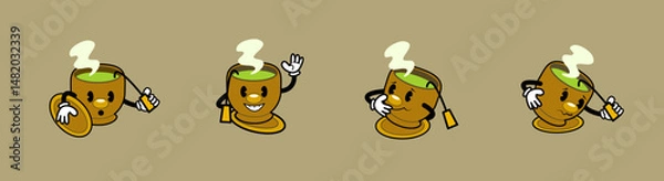 Fototapeta Vector illustration of cute ocha tea cup characters with retro vintage rubberhose style. Expressive emotions: amazed, waving hello, thinking, and confused. Great for stickers, branding, content.