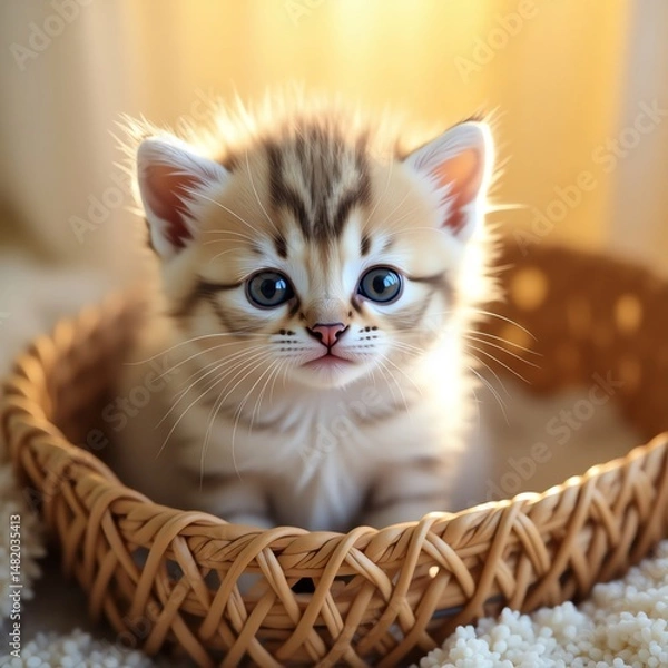 Fototapeta Small kitten inside wicker basket looking forward