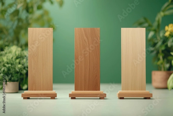 Obraz Showcasing elegant wooden plaques in contemporary environment minimalist design display green background natural light unique decorative elements