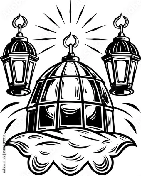 Fototapeta SVG vector featuring skulls with sunken temples theme. Vintage Lanterns and Dome Illustration with Rays of Light