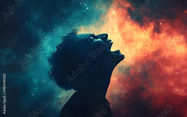 Obraz A vibrant depiction of a person expressing emotion against a cosmic backdrop, representing inner turmoil and passion.
