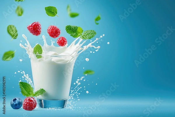 Obraz Refreshing milk and berry splash action kitchen food photography bright environment close-up viewpoint healthy lifestyle concept
