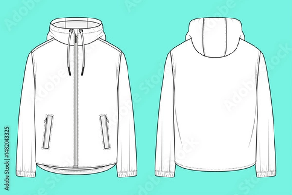 Fototapeta Zip Through Hoodie black and white fashion flat sketch template outline CAD mockup.	