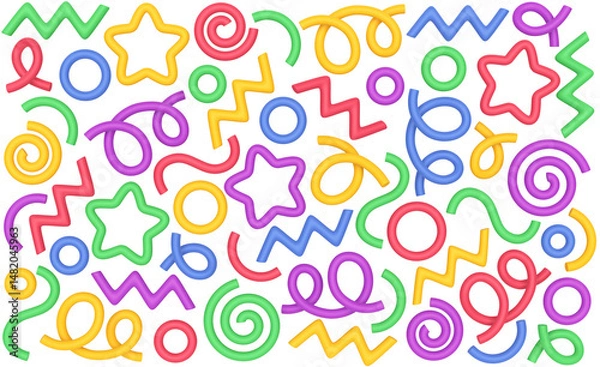 Fototapeta Colorful abstract 3d line set. Squiggly design elements isolated on white backround