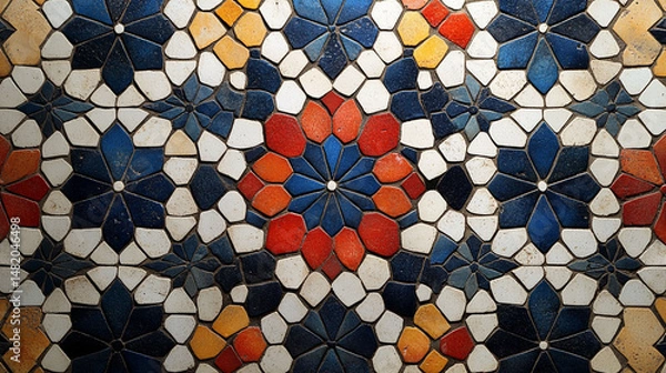 Fototapeta Intricate, colorful mosaic tile pattern with geometric floral designs.