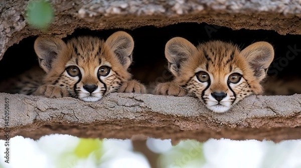Obraz Cheetah Cubs in Tree Hole