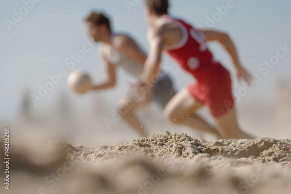 Fototapeta dynamic scene of beach handball with portrait on left side random emotion