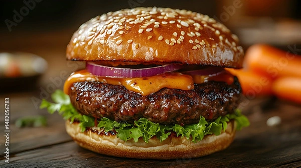 Fototapeta Close-up view of a mouthwatering cheeseburger on a wooden surface.