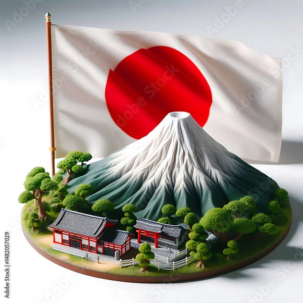 Obraz Miniature Japanese Landscape with Mount Fuji and Flag