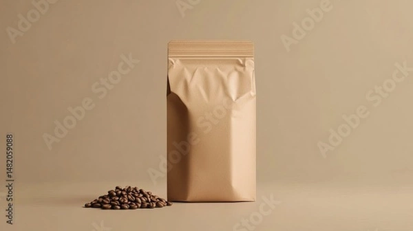 Obraz Brown Kraft Paper Coffee Bag Mockup Minimalist Design Elegant Packaging Product Branding Template Coffee Beans Beige Background Studio Shot High      
