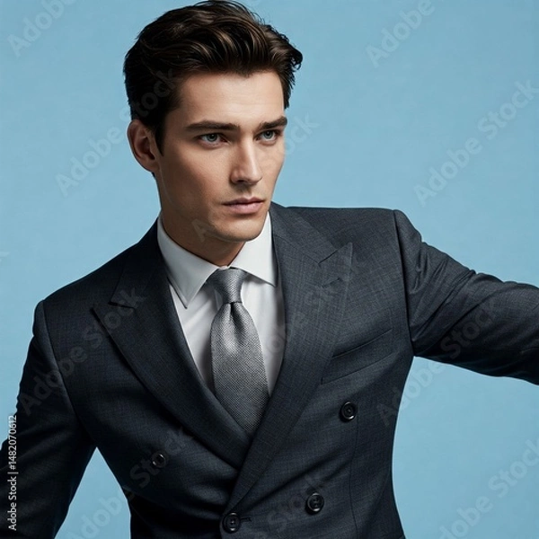 Fototapeta Sophisticated Young Man in a Stylish Grey Double-Breasted Suit and Tie - Professional Portrait Against a Light Blue Background with Serious Expression

