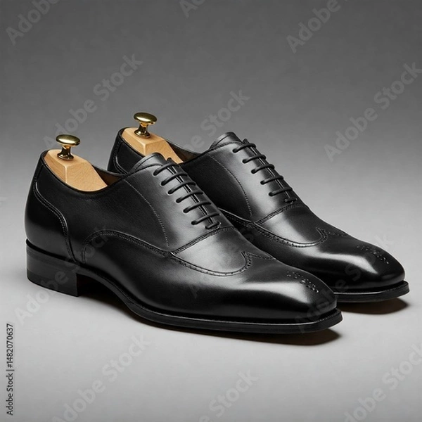 Fototapeta Classic Black Leather Wingtip Brogue Shoes for Men - Elegant Formal Footwear with Intricate Detailing for Business and Special Occasions
