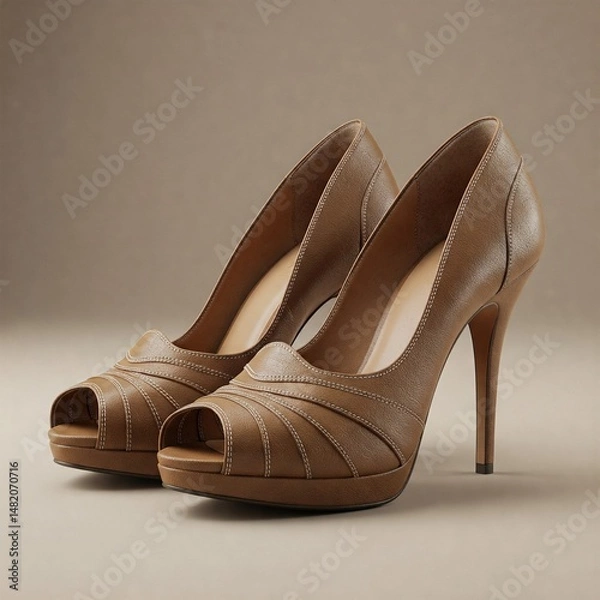 Fototapeta Elegant Tan Leather Peep-Toe Platform Pumps - Classic Women's High Heels for Professional Wear and Sophisticated Style on a Neutral Background


