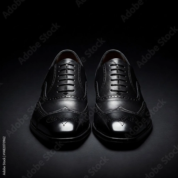 Fototapeta Classic Black Leather Wingtip Brogue Shoes for Men - Elegant Formal Footwear with Intricate Perforations for Business and Special Occasions

