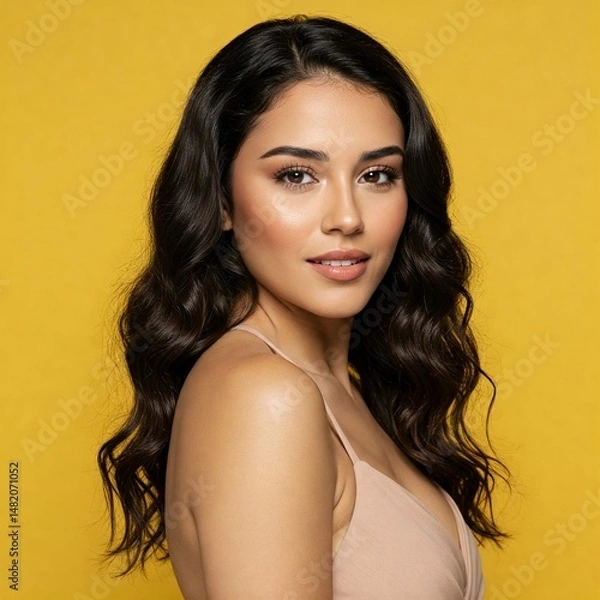 Fototapeta Elegant Woman with Wavy Dark Hair Looking at the Camera - Beautiful Portrait Against a Vibrant Yellow Studio Background with Soft Makeup

