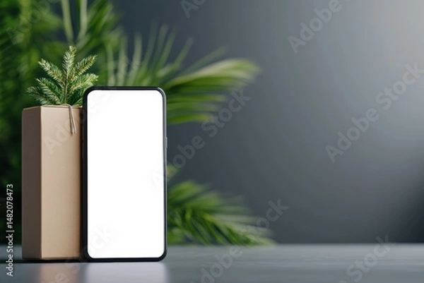 Fototapeta Mockup smartphone with blank white screen next to parcel box showing mobile technology, delivery app display, and digital content with natural touch in a minimalist design. Online shopping concept