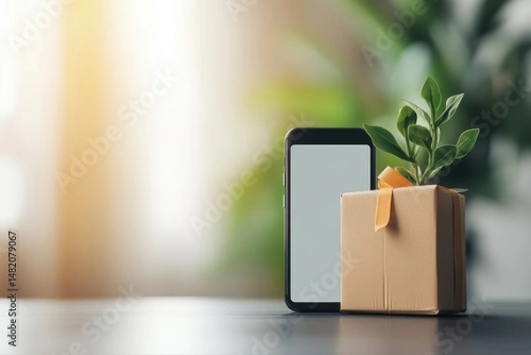 Fototapeta Modern technology for delivery tracking with smartphone app and eco-friendly parcel box on table surrounded by greenery and warm light. blank white screen mockup for online shopping promotion design.