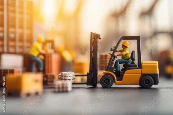 Fototapeta Miniature toy forklift operating with worker lifting packages in warehouse diorama, illustrating logistics concepts with material handling, and inspection in shipyard.