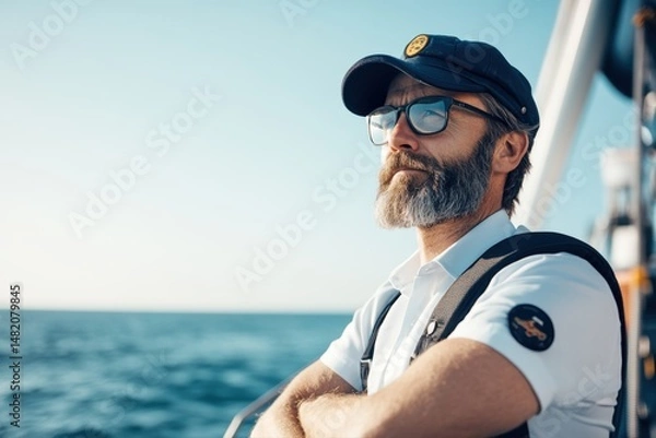 Fototapeta Confident professional mariner standing on a large vessel gazing at open sea under clear skies with a beautiful horizon
