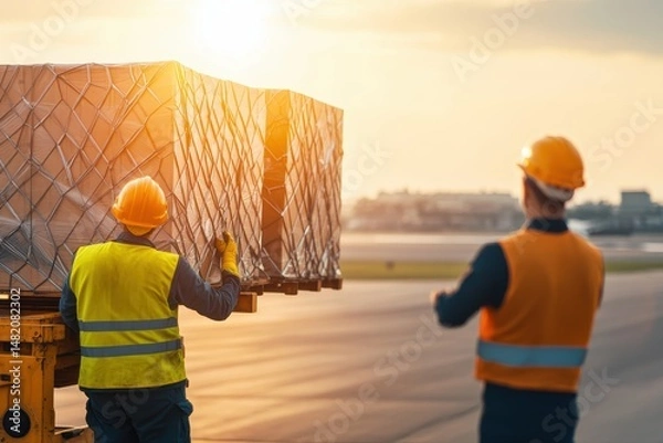 Fototapeta Workers in safety gear guiding loading process of large crates onto plane at runway during sunset
